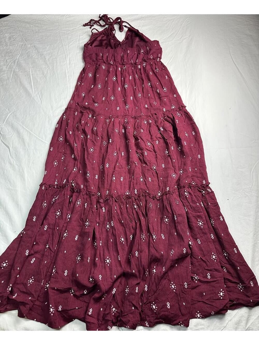 🌺 BONGO Halter Maxi Dress Women’s S Tiered Boho Print Burgundy 09-17 🌺 - Picture 6 of 10
